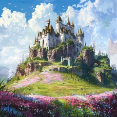 A huge white castle surrounded with landscape and clouds