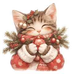 Cat in Christmas sweater holding ornament with pine branches and berries. Watercolor illustration isolated on transparent background. Christmas clipart for greeting card, sticker poster.