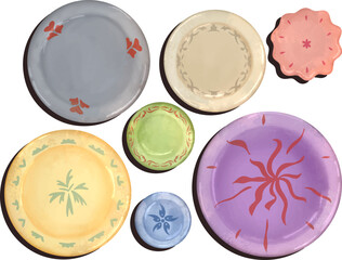 set collection of empty ceramic bowls plates or dishes. Vector cartoon set of kitchen tableware, bright porcelain or pottery utensil