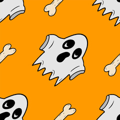 Seamless vector Halloween pattern with cartoon spooky ghosts and bones isolated on orange background