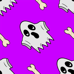 Seamless vector Halloween pattern with cartoon spooky ghosts and bones isolated on purple background