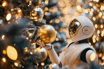 The robot decorates the Christmas tree