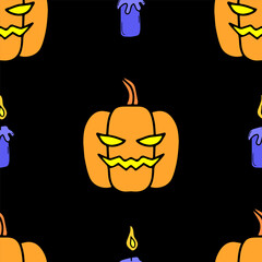 Seamless vector Halloween pattern with burning candles and pumpkins isolated on black background