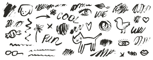 Paint or ink stroke scribble elements. Charcoal, chalk or crayon hand drawn stickers. Vector messy drawings with grunge texture. Squiggle swirl line illustration set or collection. Fun kid art sketch.