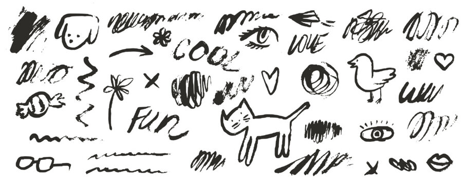 Paint or ink stroke scribble elements. Charcoal, chalk or crayon hand drawn stickers. Vector messy drawings with grunge texture. Squiggle swirl line illustration set or collection. Fun kid art sketch.