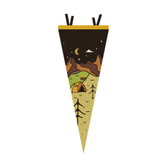 Camping adventure pennant flag design. Outdoor hiking graphics with tent. Mountains pendant artwork. Stock vector illustration.