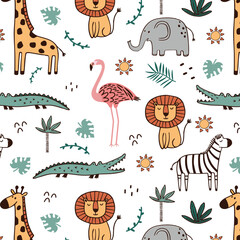 Seamless cute jungle animal pattern with lions, elephants, giraffes, and floral elements on a light background