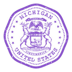 Michigan state stamp with seal, USA travel stamp, shabby postmark of Michigan, vector