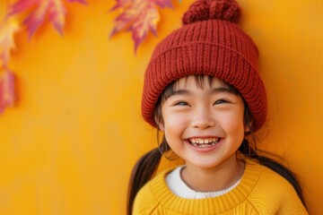 秋を楽しむ笑顔の日本人の子供（キッズ・10月・秋服・女の子・紅葉・銀杏）