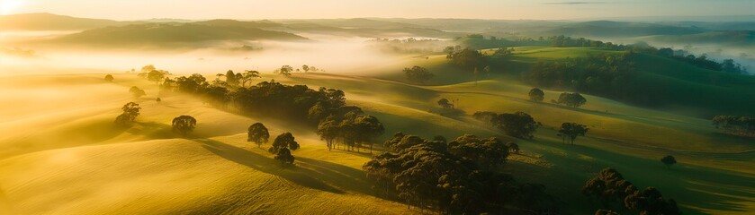 Obraz premium Aerial view of breathtaking sunrise over misty landscape with rolling hills and verdant fields