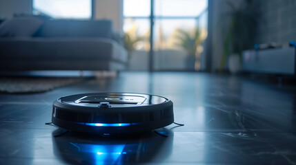 Obraz premium Home appliances, technology. Robot vacuum cleaner cleaning up dust or washes, wet-cleans the floor