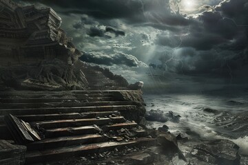 Ancient ruins on stormy cliff overlooking ocean during lightning storm
