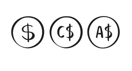 canadian dollar, australian dollar, american dollar doodle hand drawn icon
