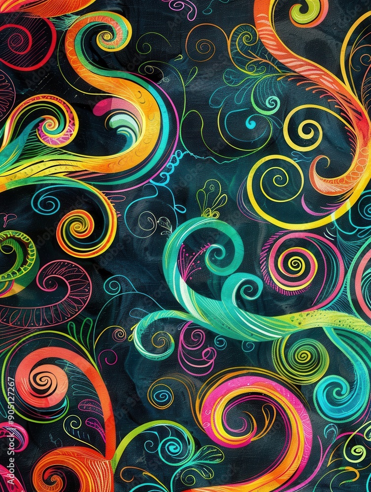 Poster a chalkboard is filled with vibrant spirals and abstract shapes drawn with colorful chalk, showcasin