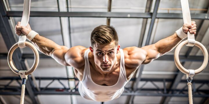 Powerful Gymnast Performing on Parallel Bars. A determined individual is captured mid-exercise on parallel bars, demonstrating his strength and focus in the gym setting. 
