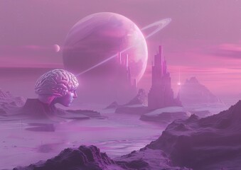Surreal futuristic landscape with brain-shaped sculpture and purple planet with rings
