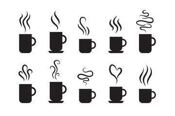 Smells line icon set, hot aroma Coffee, tea in cup, smells or fumes. Isolated symbols doodle glasses of hot drinks. Fragrances evaporate icons.