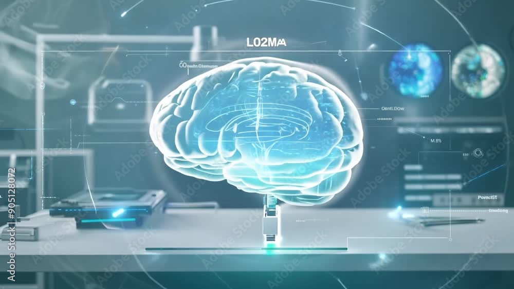 Poster a holographic representation of a human brain is displayed in a contemporary laboratory while resear