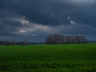 Dramatyczne chmury nad wiosennym polem