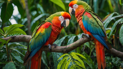 Fototapeta premium Two parrots are perched on a branch in a lush green forest