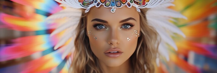 A beautiful woman in the psychedelic rainbower goddess beauty white holy fashion dessous style background, ai generated
