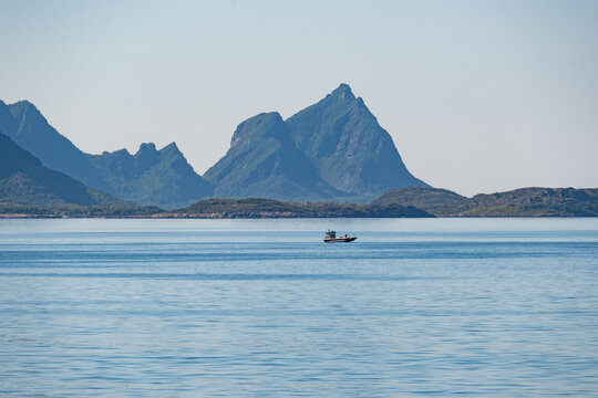 Summer coastal view of Northern Norway Lofoten Island with mountains in the background