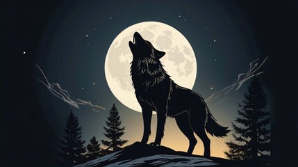 Fototapeta premium illustration of howling wolf with moon background