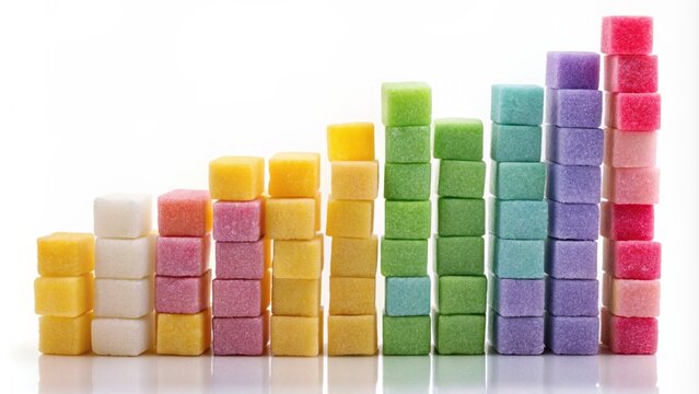 Colorful sugarcubes stacked in a bar chart formation, rising in levels, on a white background, representing data visualization, statistics, and sweet success.