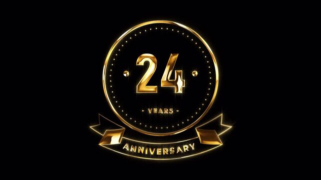 24th Anniversary Celebration. Happy 24 Years Anniversary Animation in Gold Color on the Transparent Background, Alpha Channel. Great for greetings, celebrations, events, and gifts.