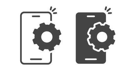 Mobile cell phone set up gear cog wheel icon simple vector pictogram graphic illustration, cellphone smartphone settings preferences update, customize upgrade telephone image clip art line stroke
