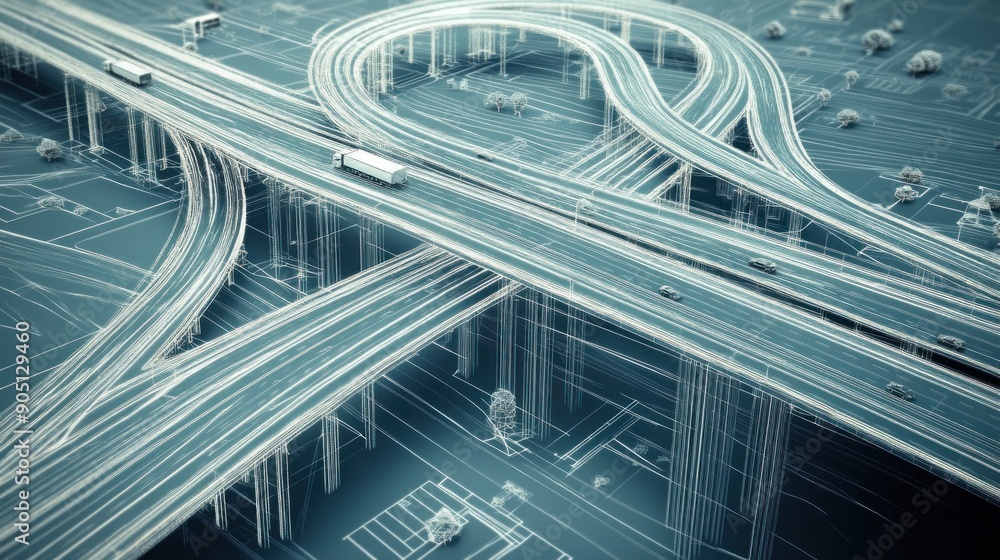 Poster an abstract wireframe representation of an elevated highway interchange