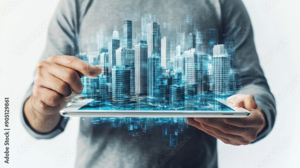 Aufkleber A Person Using a Tablet to View a Digital Model of a Cityscape