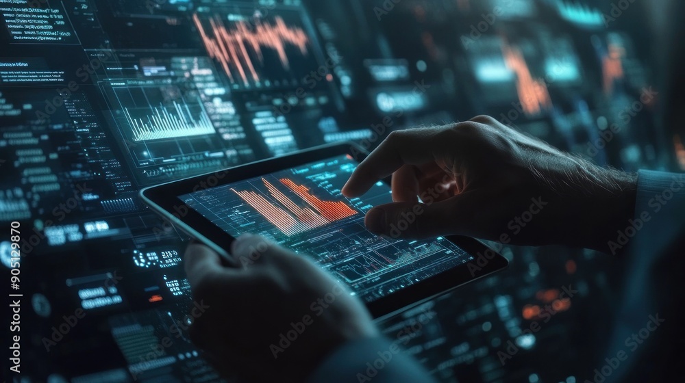Poster Person Analyzing Data on a Tablet with a Digital Display