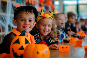 Fototapeta premium Children celebrate party Halloween with fun in school