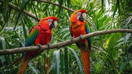 Obraz premium Two parrots are sitting on a branch, one is yellow and the other is red