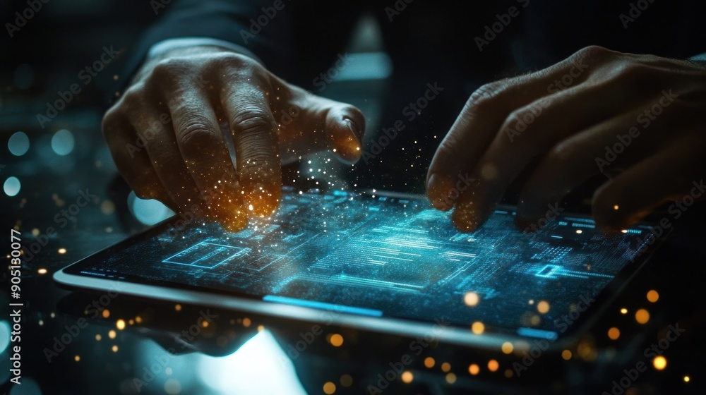 Poster hands interacting with a digital tablet screen