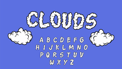 Cloud font comic type style. playful decorative alphabet letters, cartoon typography design vector set