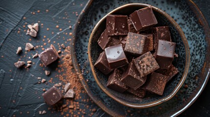 Bowl of dark chocolate pieces on a textured background