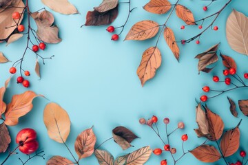 Autumn composition with dry leaves and berries on a blue background