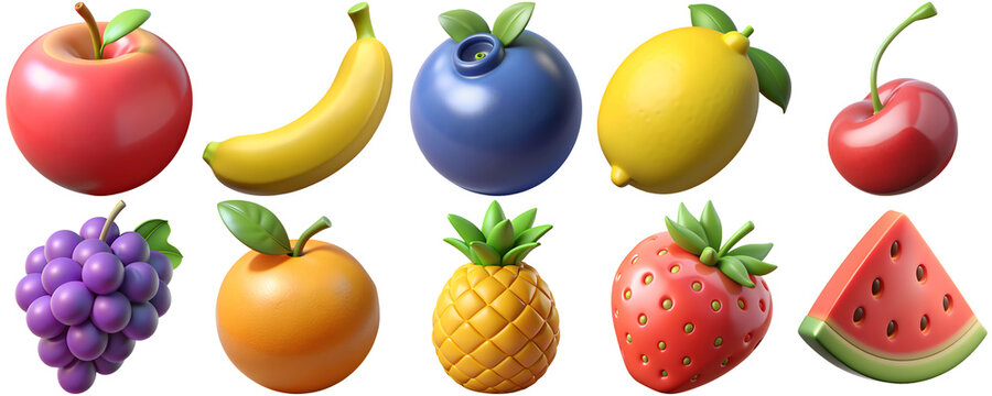3d realistic fruit icons collection - apple, banana, blueberry, lemon, cherry, grape, orange, pineapple, strawberry, watermelon - isolated on black background.