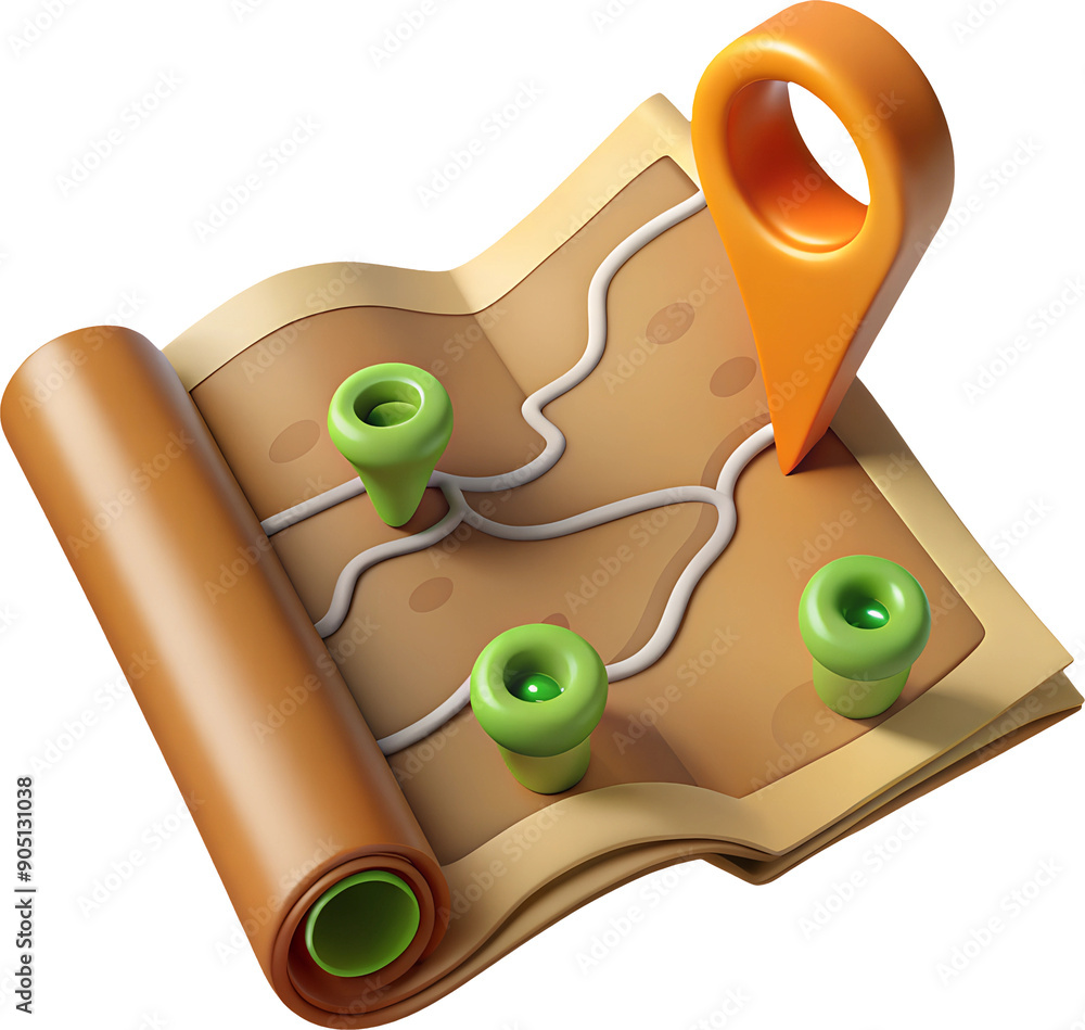 Poster 3d illustration of a rolled up map with pins for navigation and travel planning.