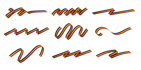 3d Horizontal Republic of Chad Flag Ribbons with shadows, isolated on white background. Chadian Flag Curled and rendered in perspective. Chad Flag band. Editable Vector Illustration.