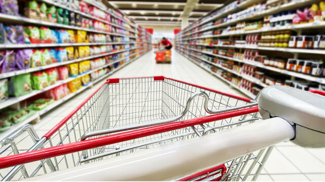 Pusty koszyk, w&oacute;zek sklepowy w supermarkecie, rozmazane tło, wnętrze sklepu, supermarketu, w&oacute;zek na zakupy, p&oacute;łki sklepowe z produktami. Hipermarket.  Miejsce na tekst.