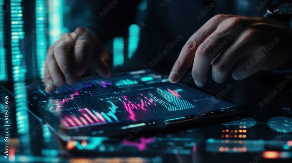 Poster person using tablet to analyze data and financial charts