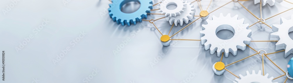 Poster abstract gears connected by lines representing teamwork and engineering innovation in a modern desig