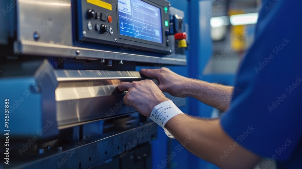 Poster worker's hand interacting with a machine's control panel