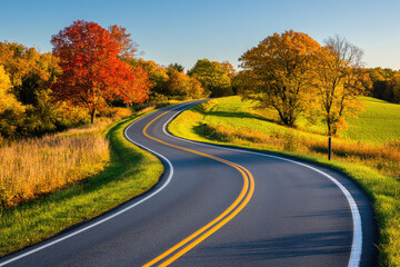 Fototapeta premium Winding road through colorful autumn landscape with vibrant trees and lush green fields under a clear blue sky.