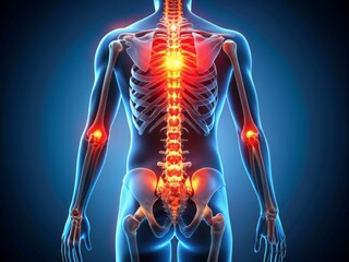 Illuminated 3D anatomical model of the human spine and hips, highlighting inflamed areas in bright red, showcasing lower back and pelvic region discomfort.