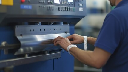 Worker operating a metal bending machine in a factory