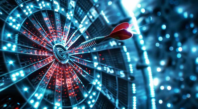 Close-up of a dart hitting the bullseye on an illuminated electronic dartboard, symbolizing precision and accuracy amidst a high-tech, futuristic background.
